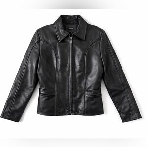 GUESS Women’s Black Leather Zip Jacket with Tailored Seams Size M